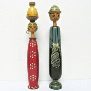Vintage Folk Art Wood Peg Dolls Handpainted Male and Female in Traditional Dress